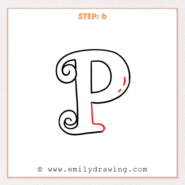 how to draw a fancy letter p - Step 6 of a fancy letter P, adding a small right-bottom foot and a few short highlight marks inside the outer loop.
